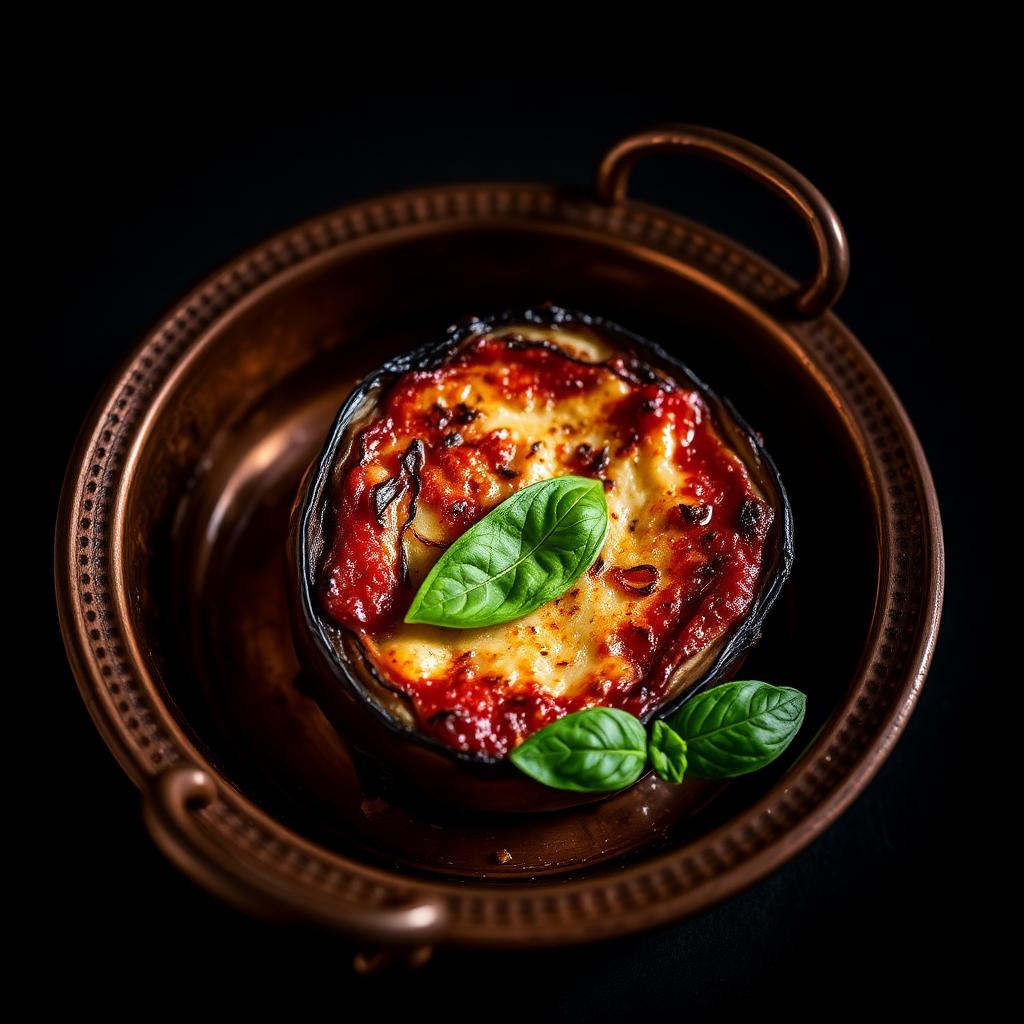 Layered lasagna bolognese with béchamel, cut and served in a copper dish