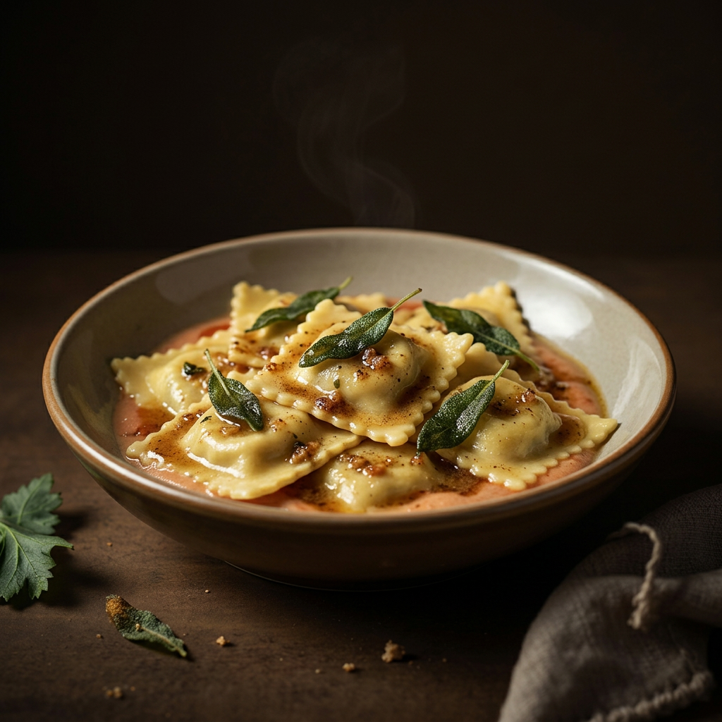 Hand-made ravioli in butter and sage over a light tomato sauce
