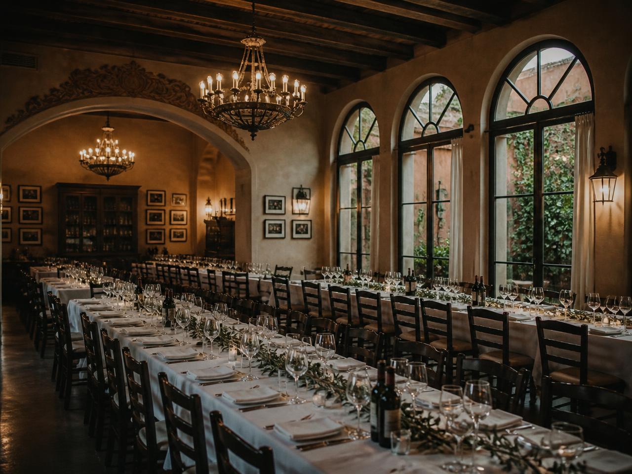 Large private banquet room with long tables set for fifty guests