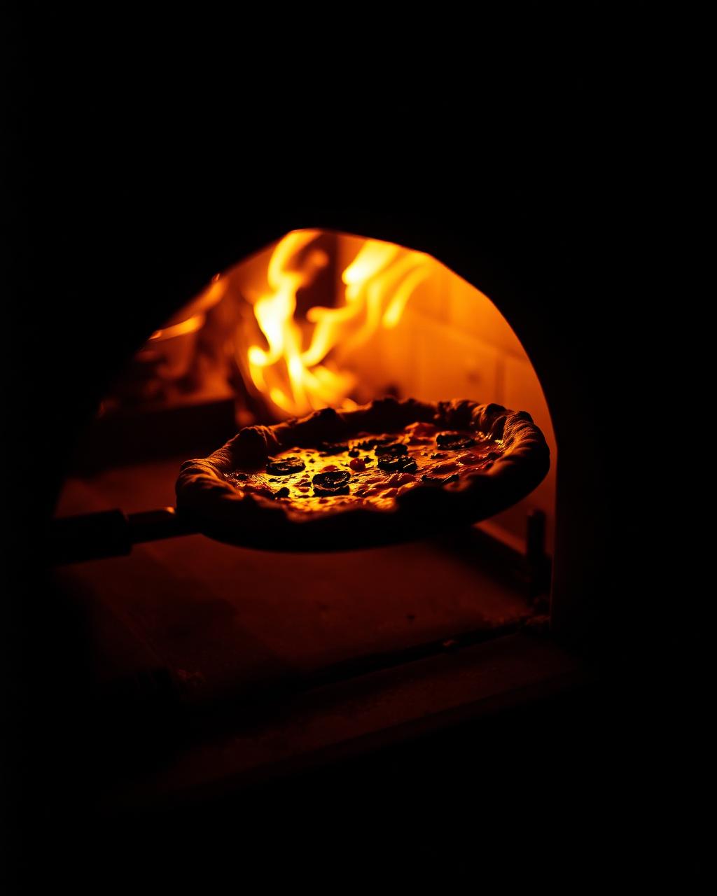 A Neapolitan pizza coming out of a glowing wood-fired oven